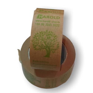 nachhaltiges bedrucktes Papierklebeband öko Harold Logodruck Logo Aufdruck bedruckt Ökologisch recyclingfähig recyclebar umweltfreundlich Ökoband plastikfrei verpackt klimafreundlich
